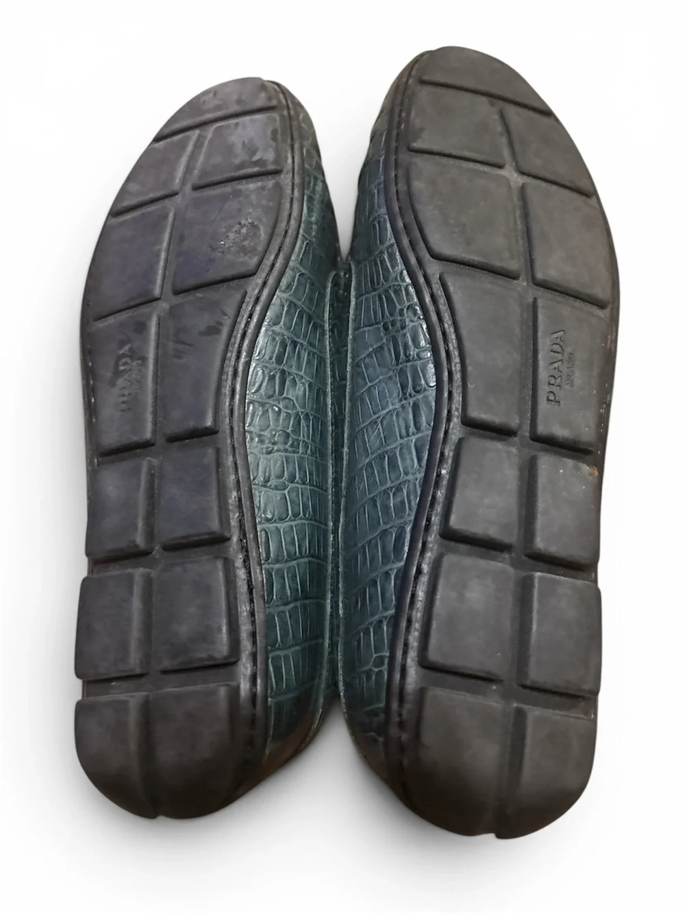 Prada Green Croc-Embossed Leather Penny Loafers